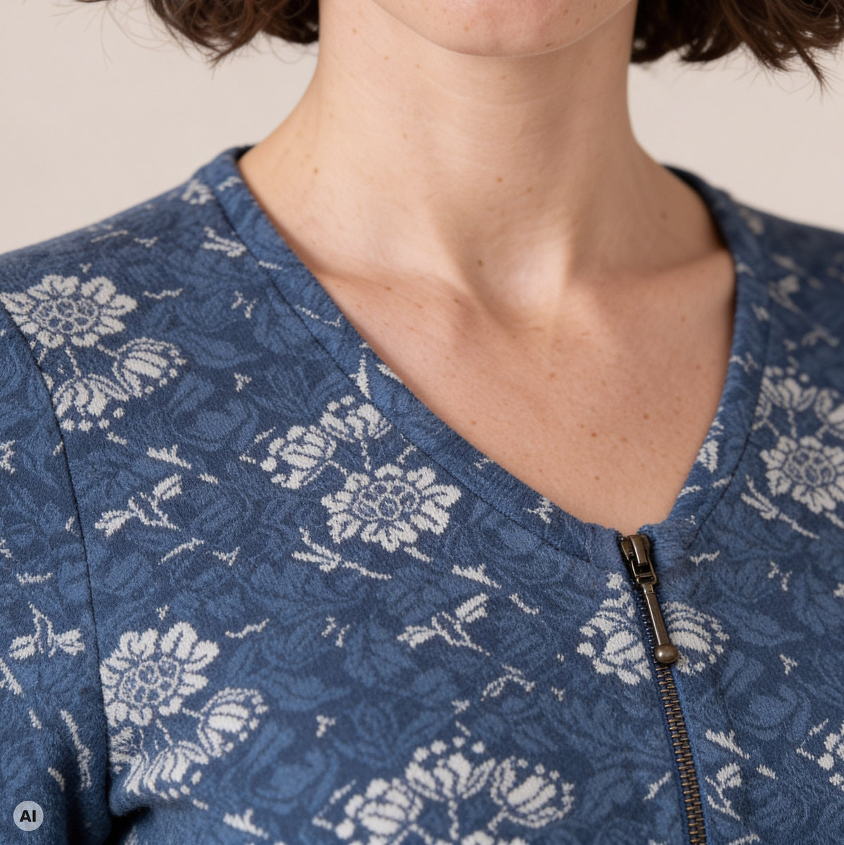 Reißverschlussjacke blau – Detailansicht, mit KI bearbeitet