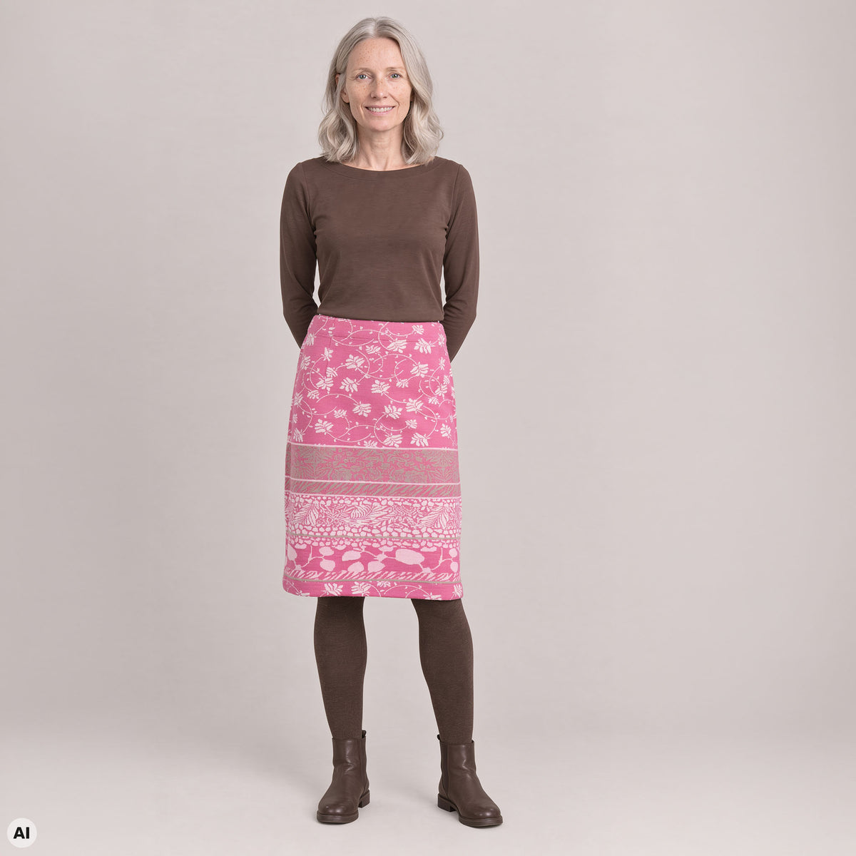 Rock kurz rosa – Vorderansicht, mit KI bearbeitet