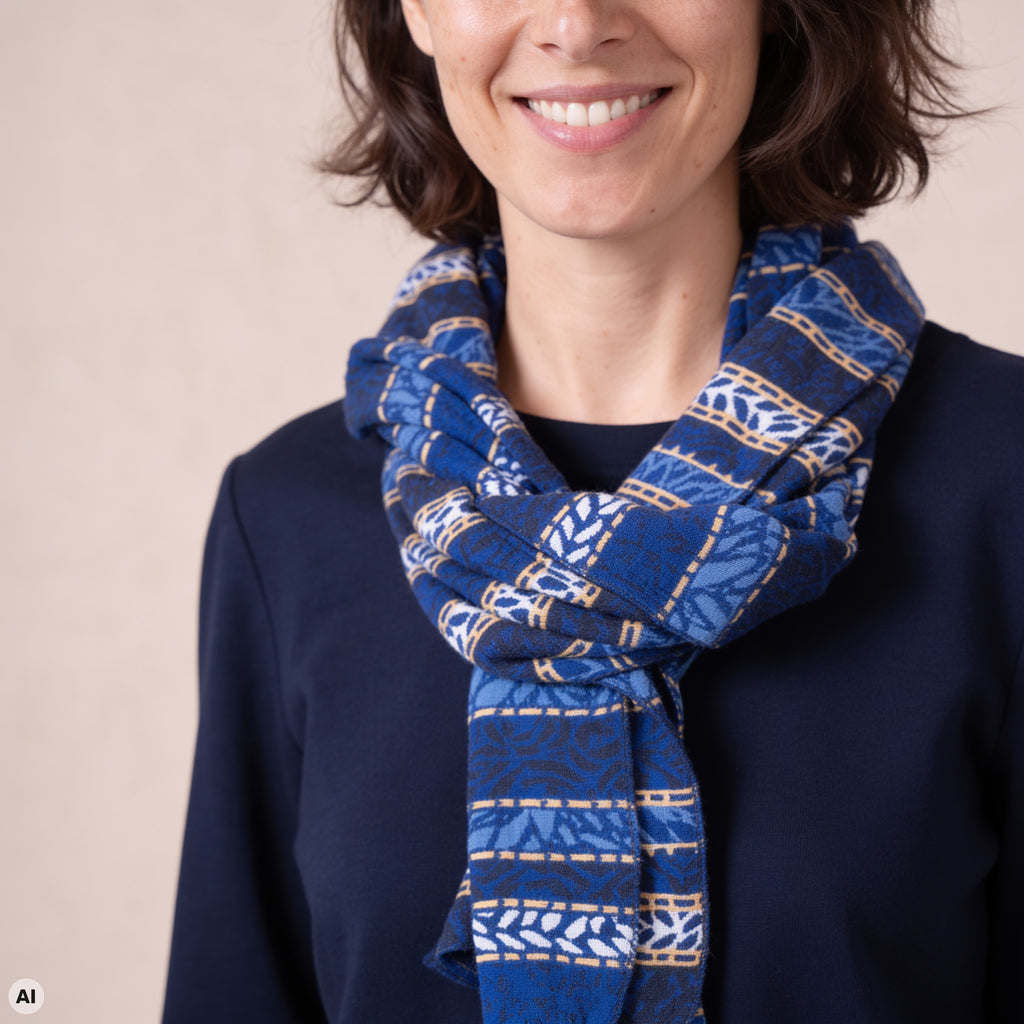 Schal blau – Detailansicht, mit KI bearbeitet