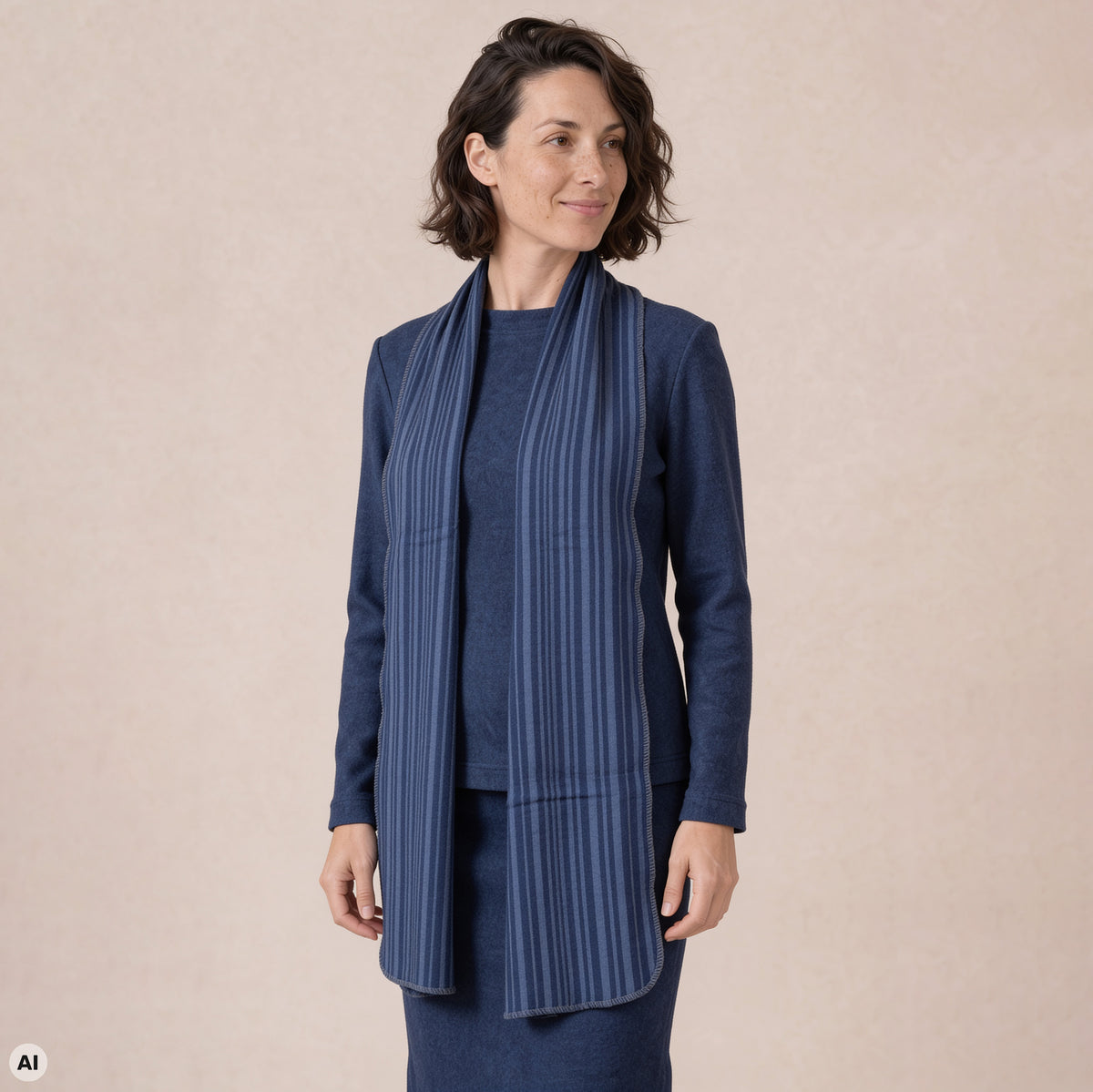 Schal blau – Vorderansicht, mit KI bearbeitet