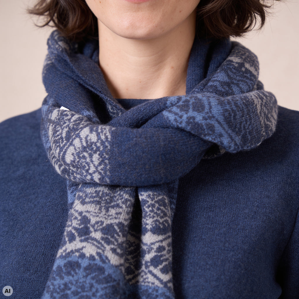 Schal blau – Detailansicht, mit KI bearbeitet