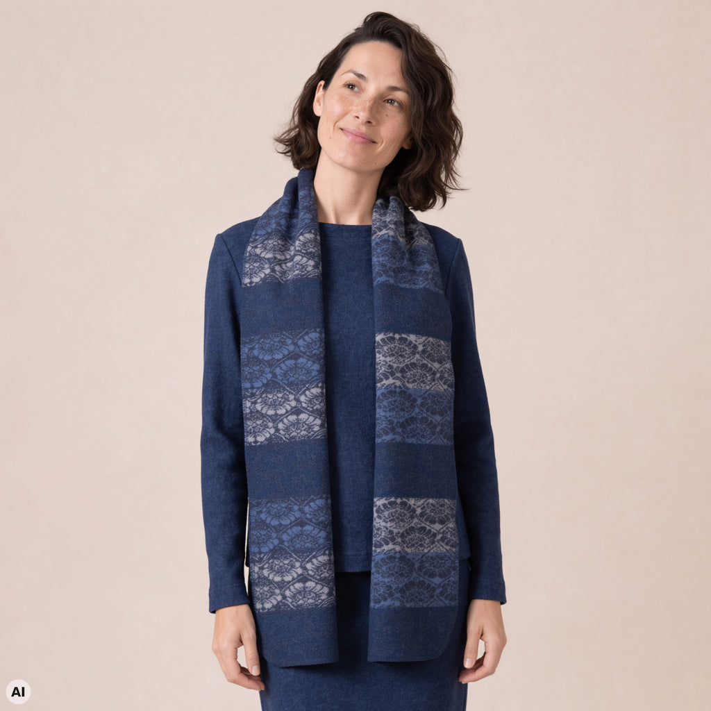 Schal blau – Vorderansicht, mit KI bearbeitet