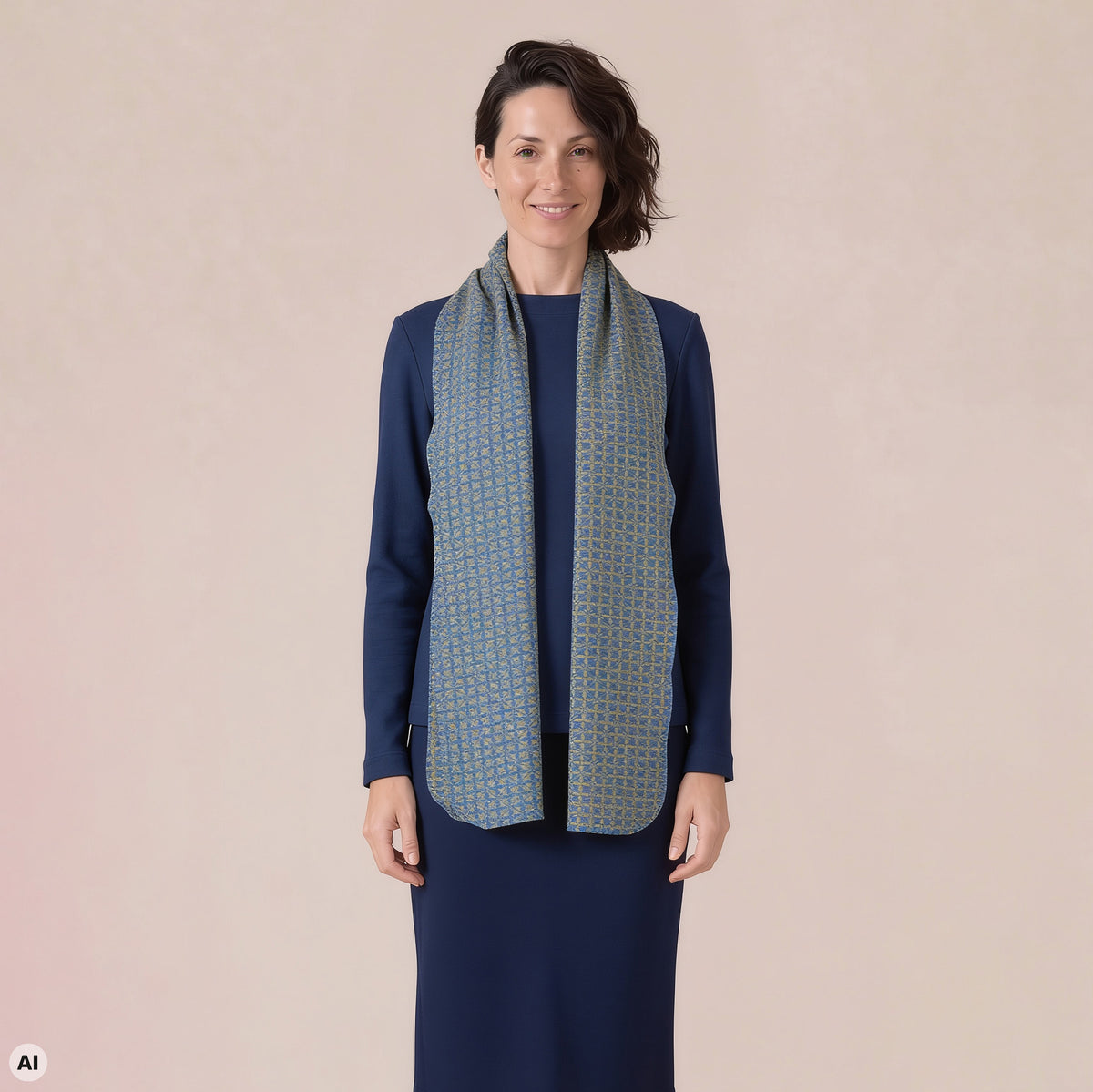 Schal blau – Vorderansicht, mit KI bearbeitet