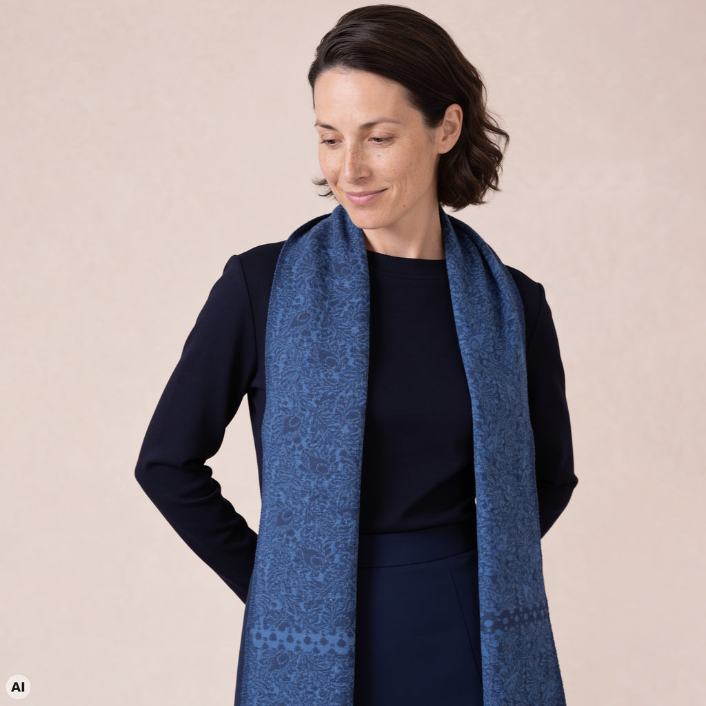 Schal blau – Vorderansicht, mit KI bearbeitet