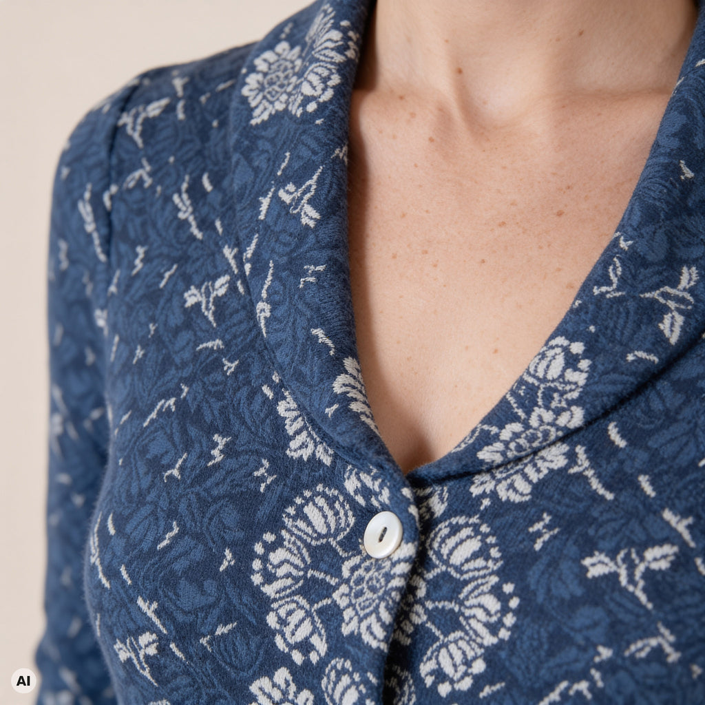 Schalkragenjacke blau – Detailansicht, mit KI bearbeitet