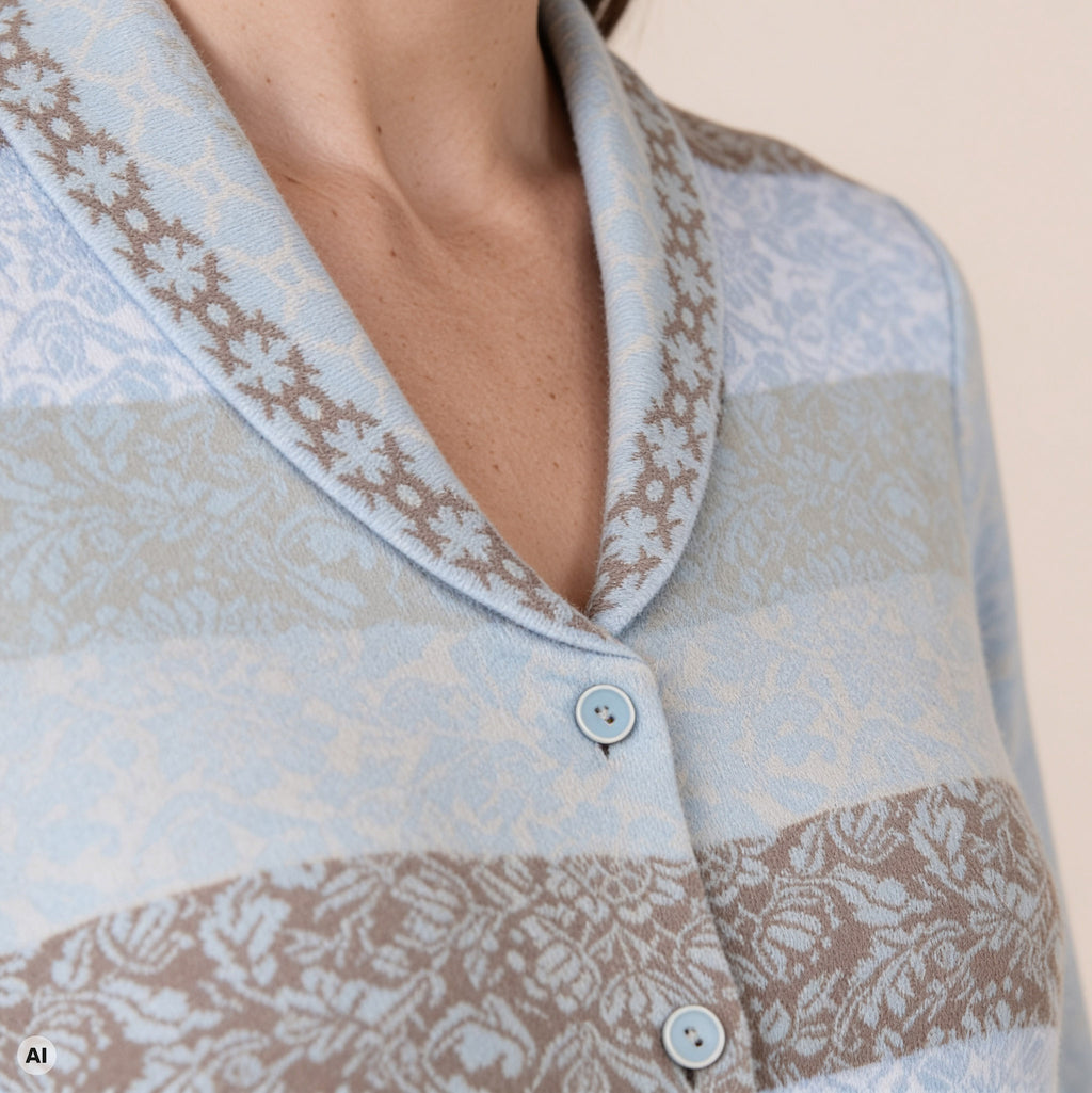 Schößchenjacke blau – Detailansicht, mit KI bearbeitet