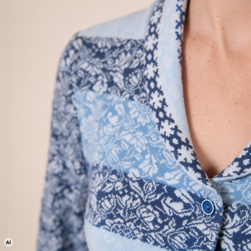 Schößchenjacke blau – Detailansicht, mit KI bearbeitet