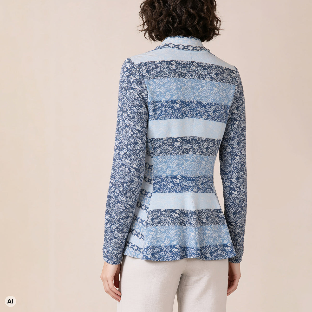 Schößchenjacke blau – Rückansicht, mit KI bearbeitet