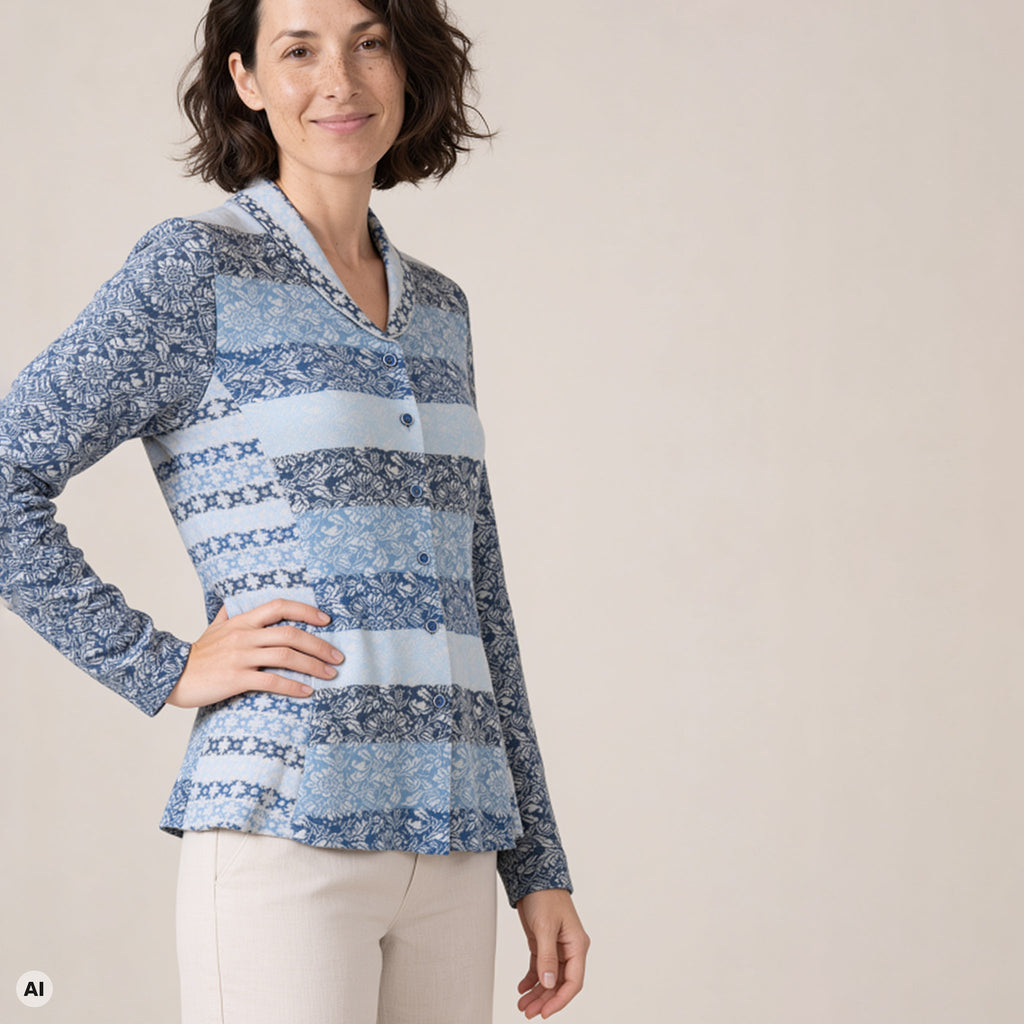 Schößchenjacke blau – Vorderansicht, mit KI bearbeitet