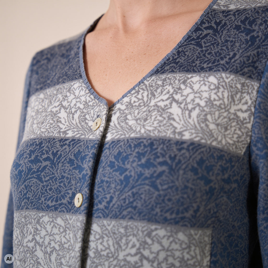 Schößchenjacke blau – Detailansicht, mit KI bearbeitet
