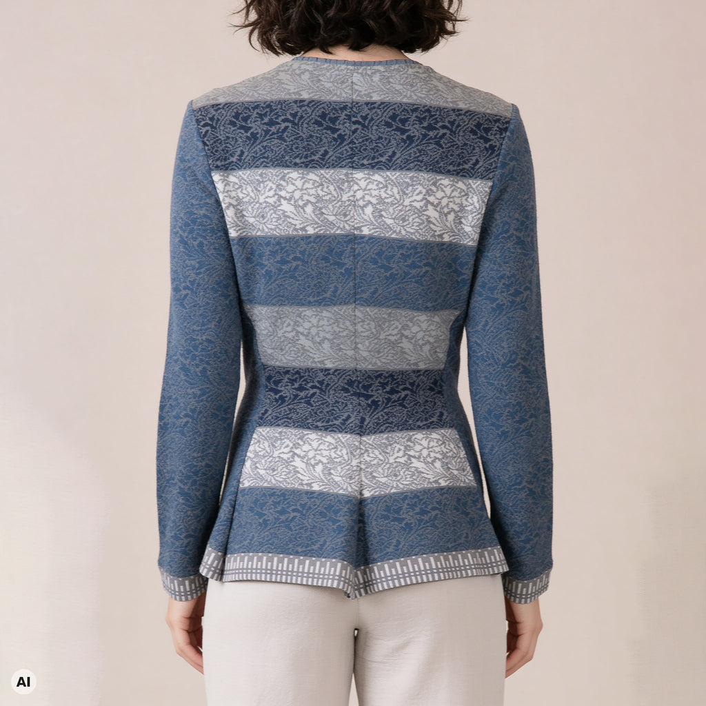Schößchenjacke blau – Rückansicht, mit KI bearbeitet