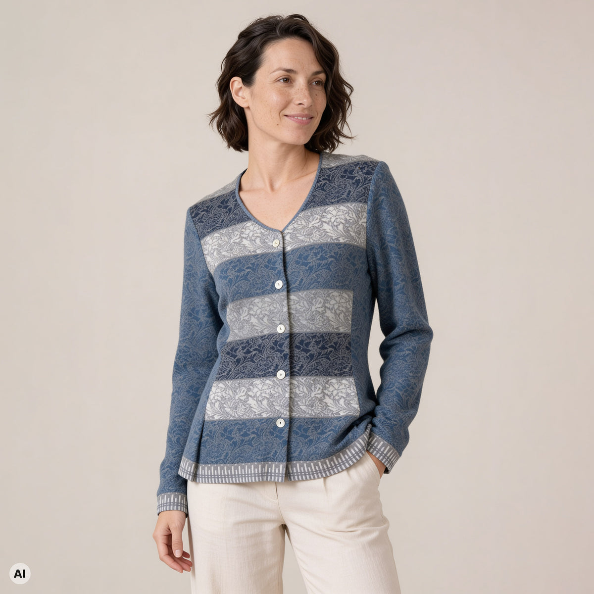 Schößchenjacke blau – Vorderansicht, mit KI bearbeitet