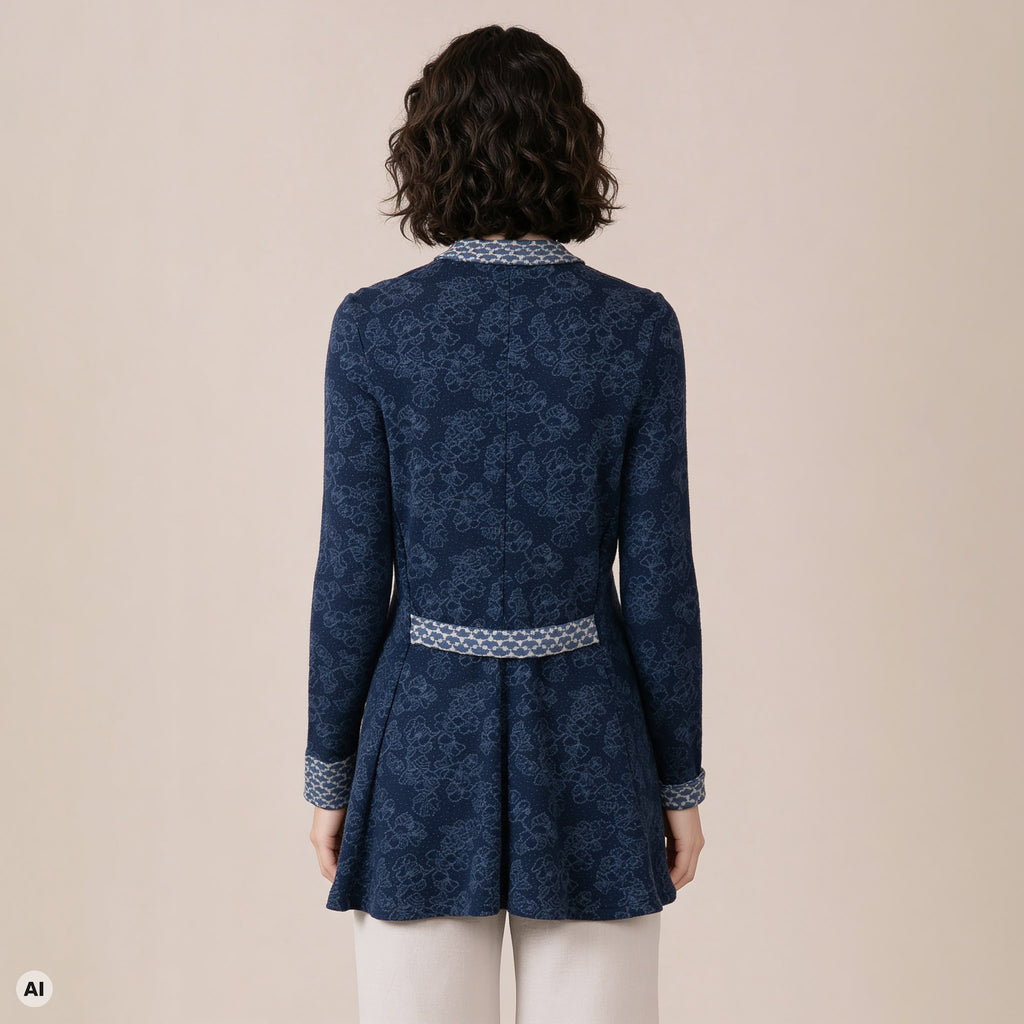 Schößchenjacke blau – Rückansicht, mit KI bearbeitet