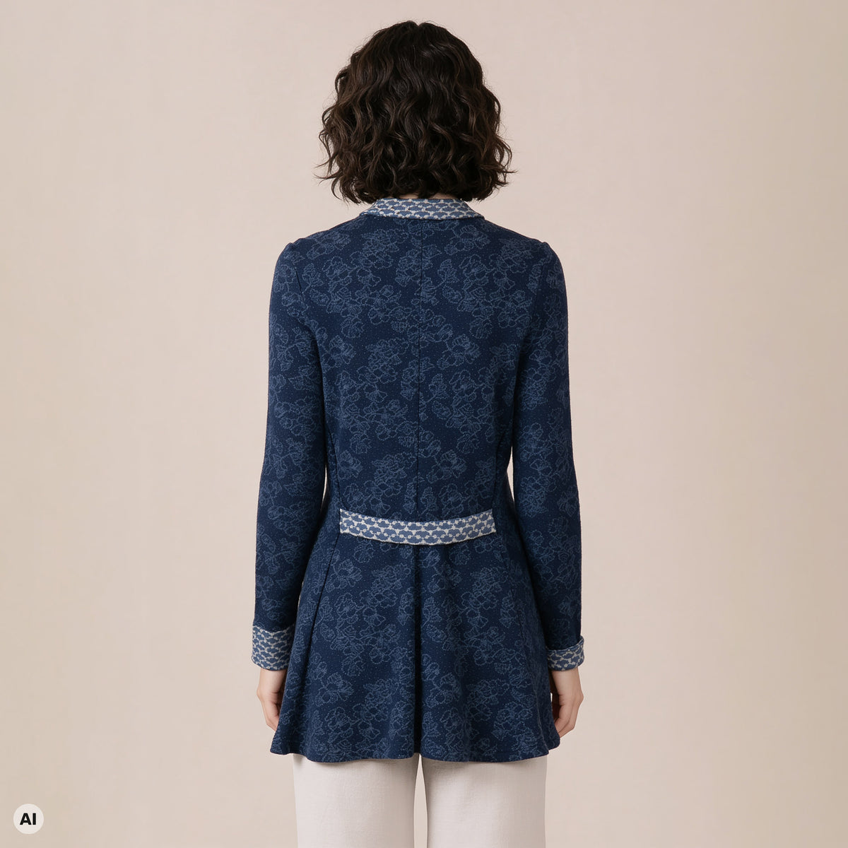 Schößchenjacke blau – Rückansicht, mit KI bearbeitet
