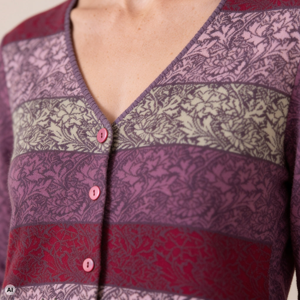 Schößchenjacke lila – Detailansicht, mit KI bearbeitet
