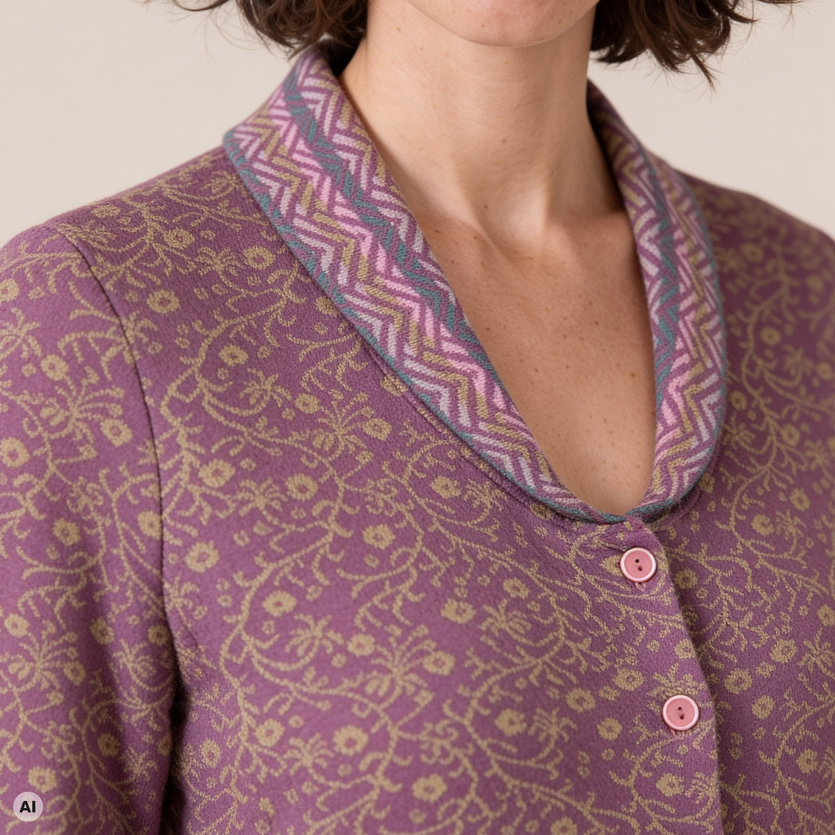 Schößchenjacke rosa – Detailansicht, mit KI bearbeitet