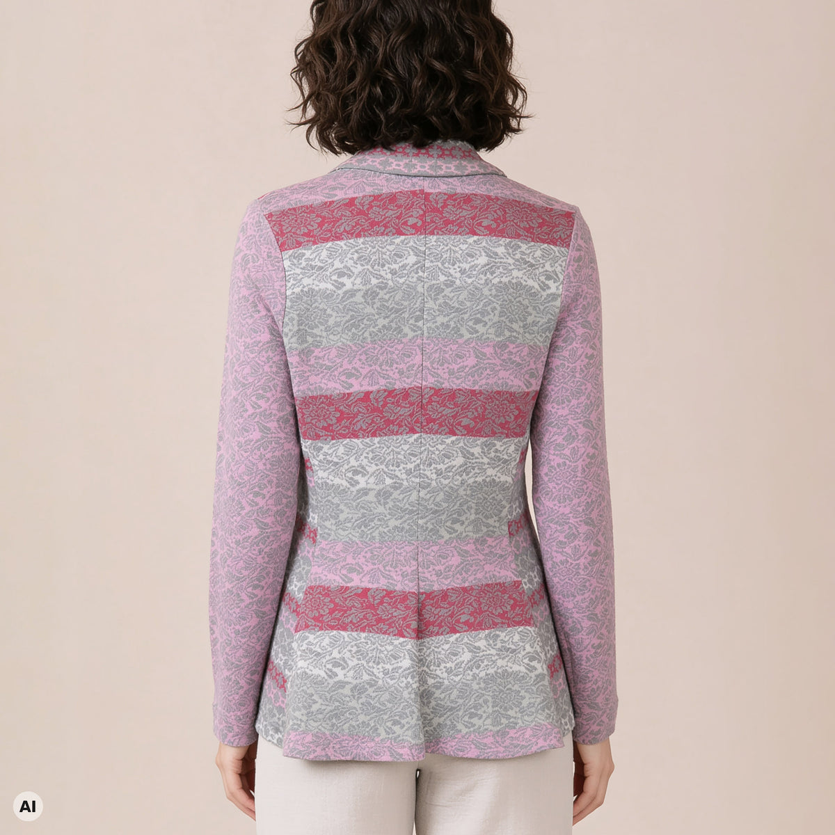 Schößchenjacke rosa – Rückansicht, mit KI bearbeitet