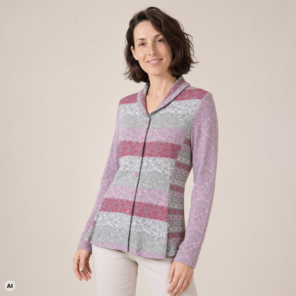 Schößchenjacke rosa – Vorderansicht, mit KI bearbeitet