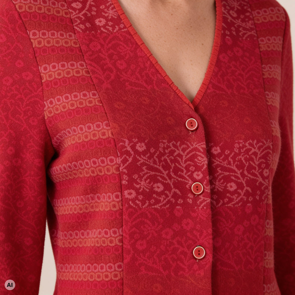 Schößchenjacke rot – Detailansicht, mit KI bearbeitet