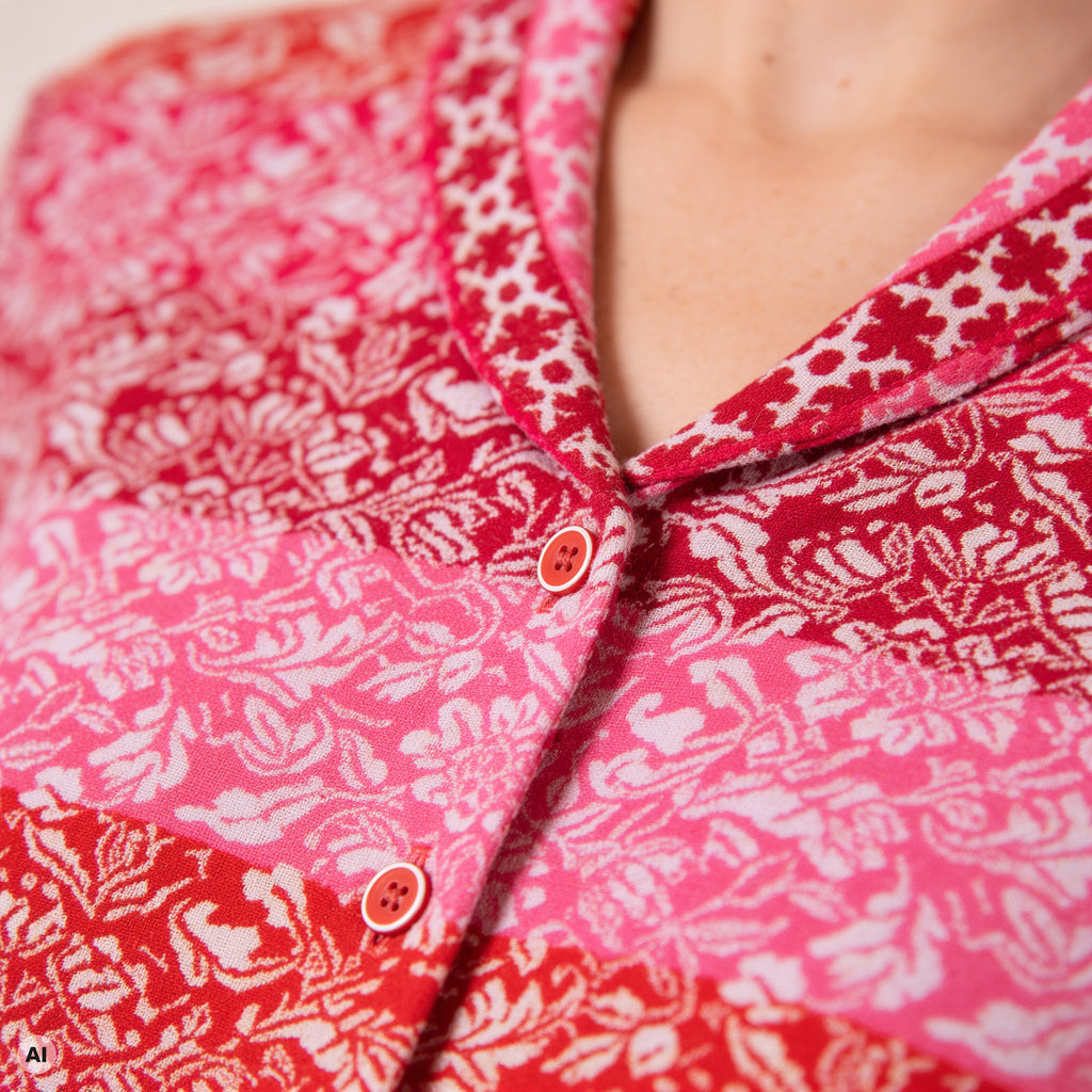 Schößchenjacke rot – Detailansicht, mit KI bearbeitet