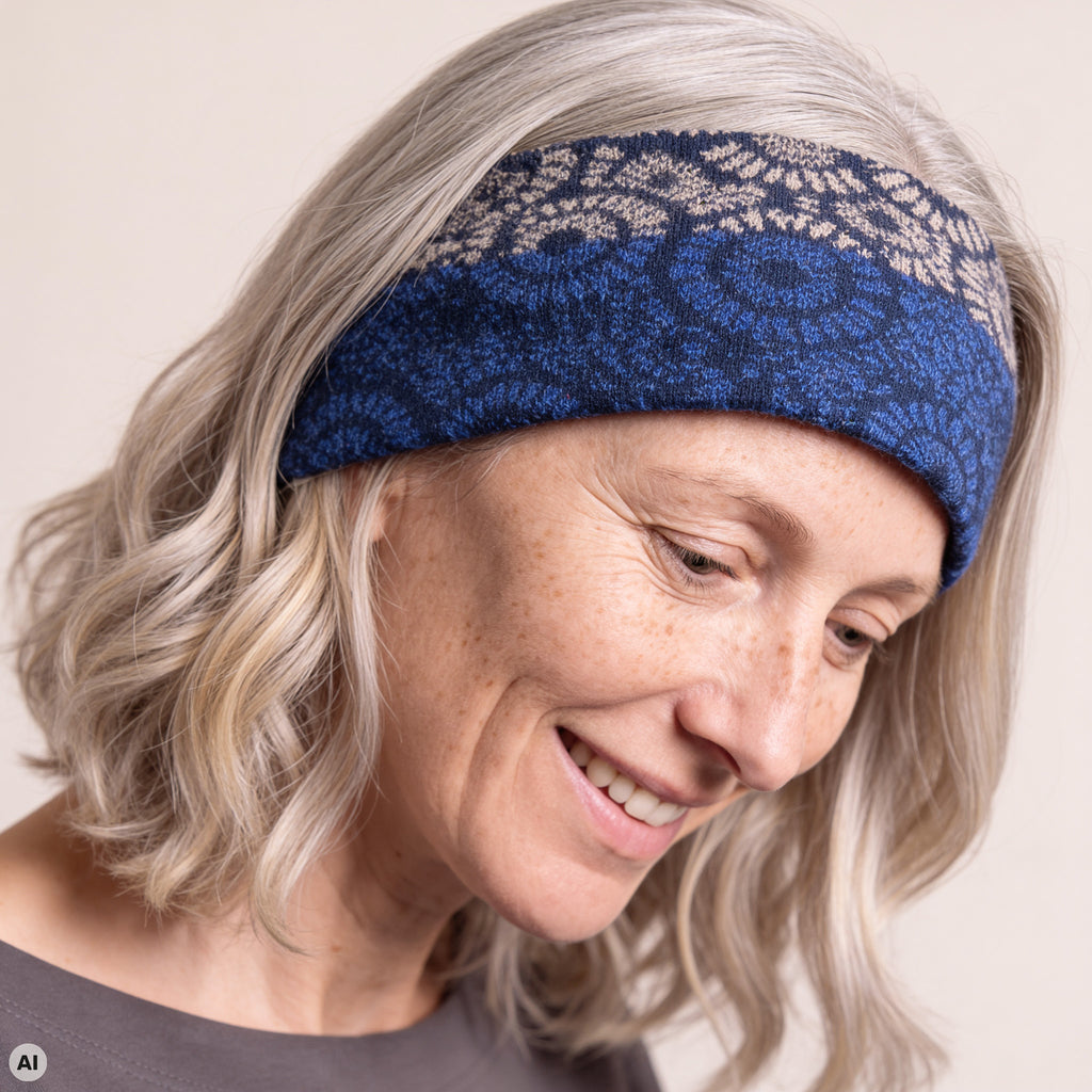 Stirnband blau – Nahaufnahme, mit KI bearbeitet
