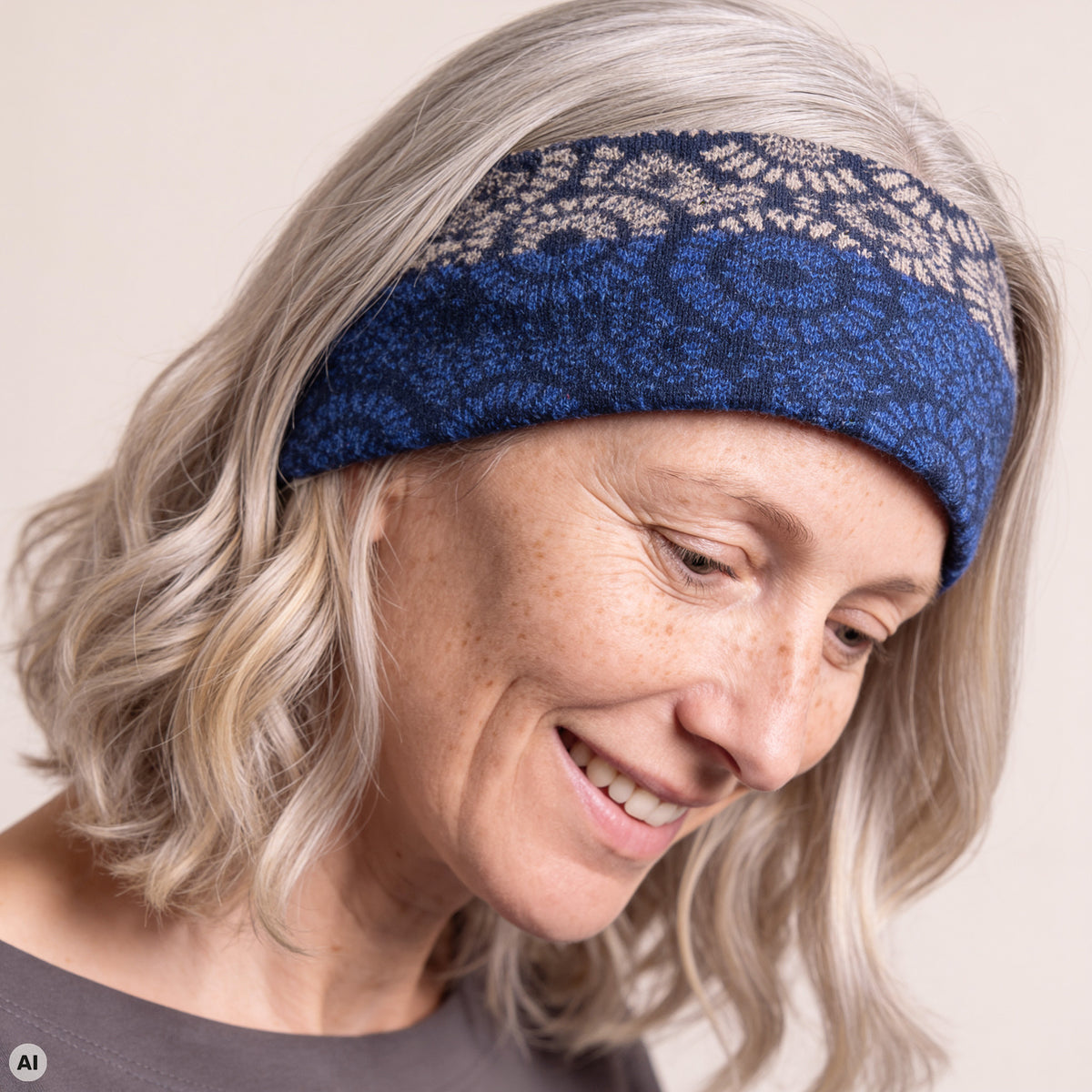 Stirnband blau – Nahaufnahme, mit KI bearbeitet