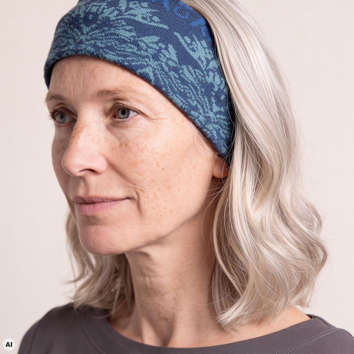 Stirnband blau – Nahaufnahme, mit KI bearbeitet