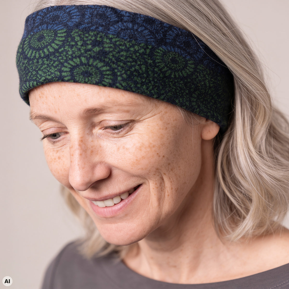 Stirnband blau – Nahaufnahme, mit KI bearbeitet