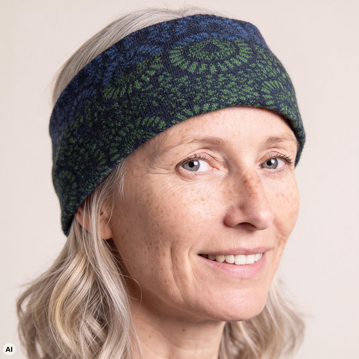 Stirnband blau – Nahaufnahme, mit KI bearbeitet