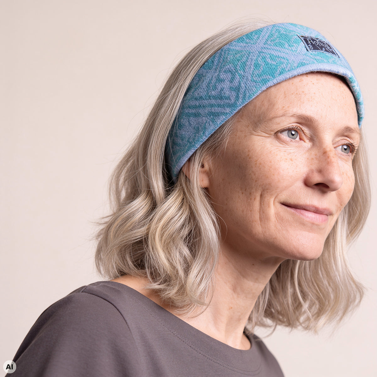 Stirnband blau – Nahaufnahme, mit KI bearbeitet