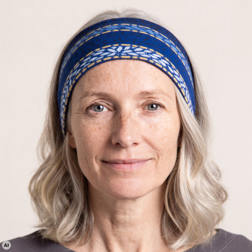Stirnband blau – Nahaufnahme, mit KI bearbeitet