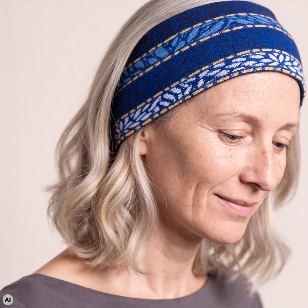 Stirnband blau – Nahaufnahme, mit KI bearbeitet