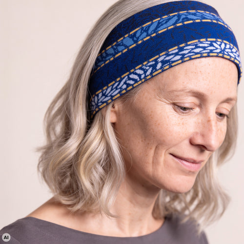 Stirnband blau – Nahaufnahme, mit KI bearbeitet