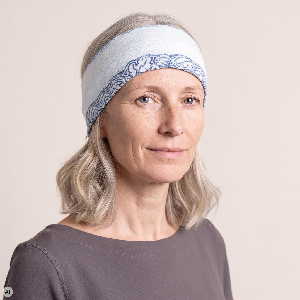 Stirnband blau – Nahaufnahme, mit KI bearbeitet