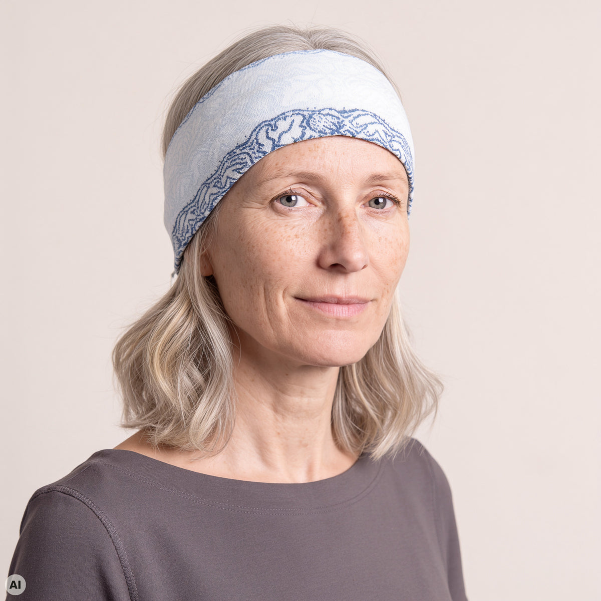 Stirnband blau – Nahaufnahme, mit KI bearbeitet
