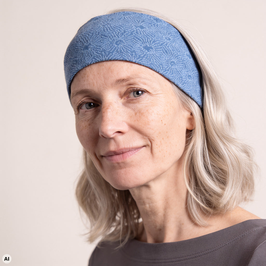 Stirnband blau – Nahaufnahme, mit KI bearbeitet