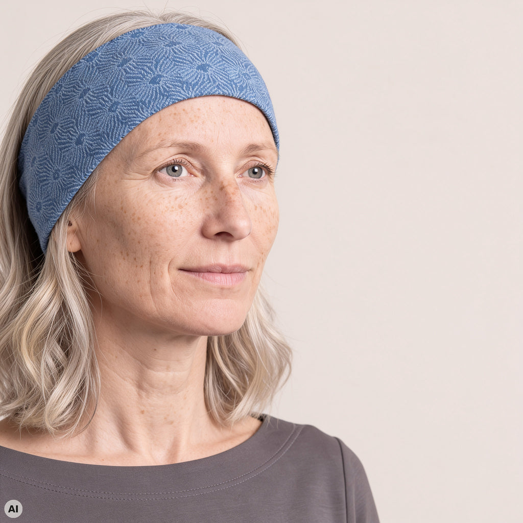 Stirnband blau – Nahaufnahme, mit KI bearbeitet