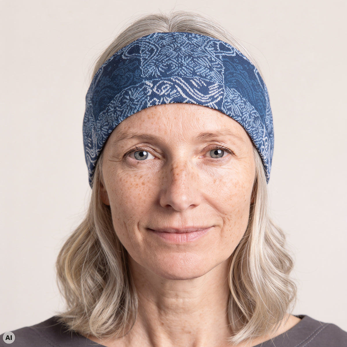 Stirnband blau – Nahaufnahme, mit KI bearbeitet
