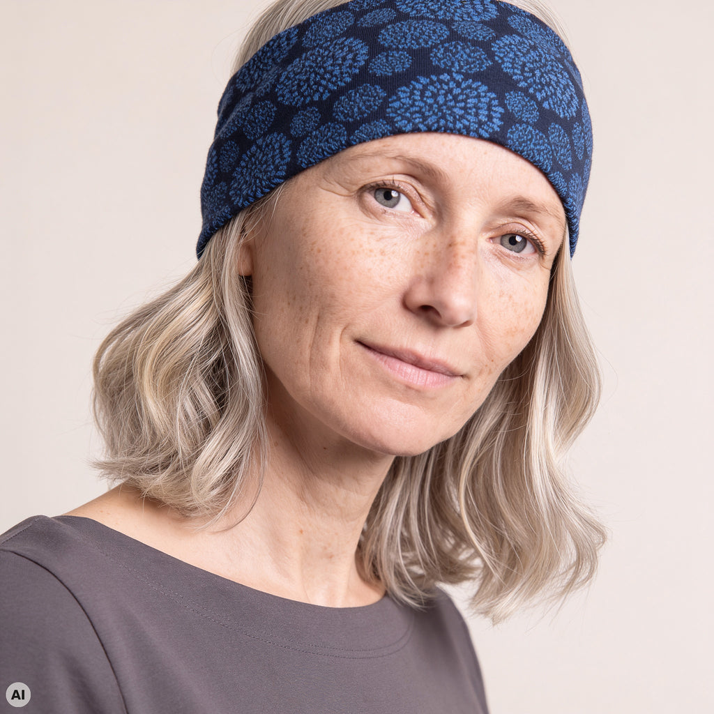 Stirnband blau – Nahaufnahme, mit KI bearbeitet