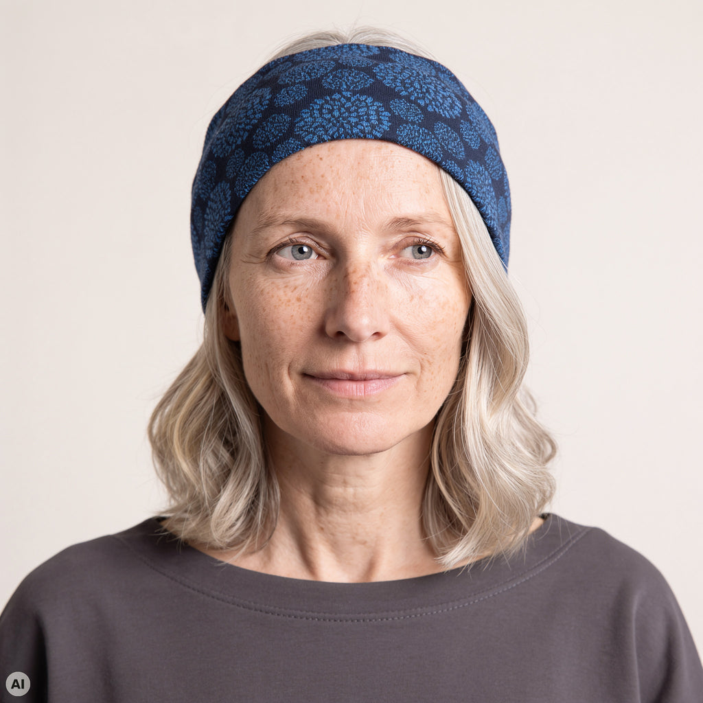 Stirnband blau – Nahaufnahme, mit KI bearbeitet