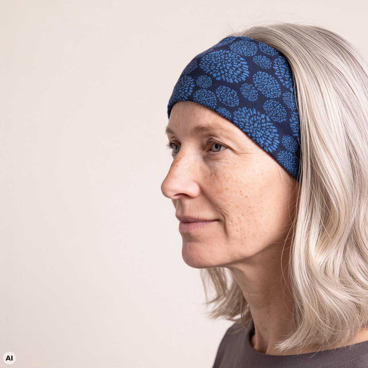 Stirnband blau – Nahaufnahme, mit KI bearbeitet