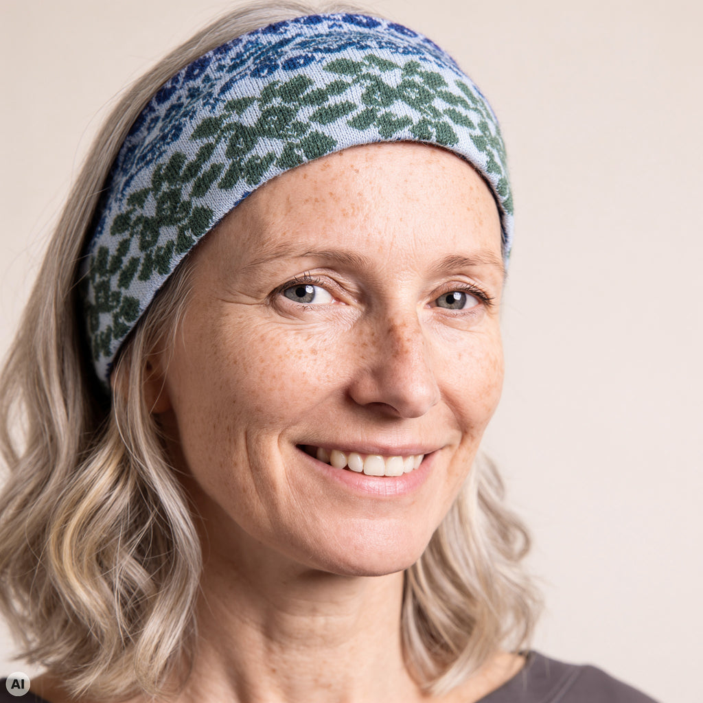 Stirnband blau – Nahaufnahme, mit KI bearbeitet