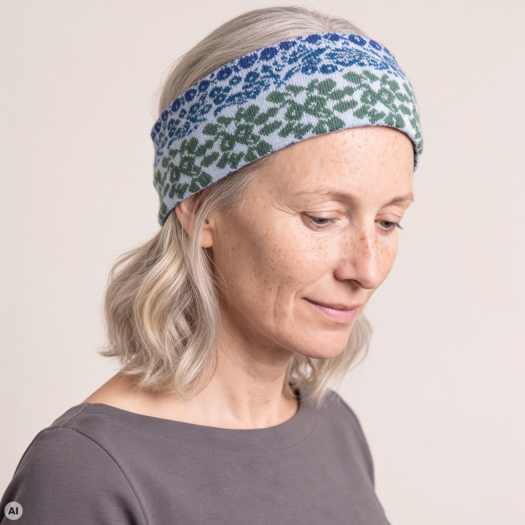 Stirnband blau – Nahaufnahme, mit KI bearbeitet