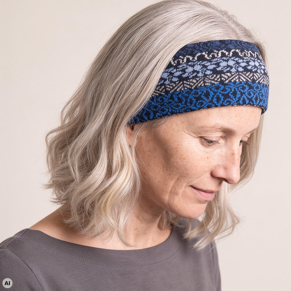 Stirnband blau – Nahaufnahme, mit KI bearbeitet