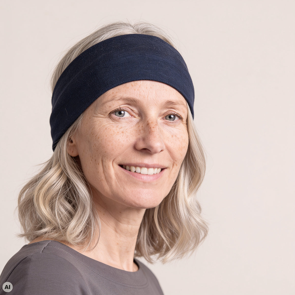 Stirnband blau – Nahaufnahme, mit KI bearbeitet