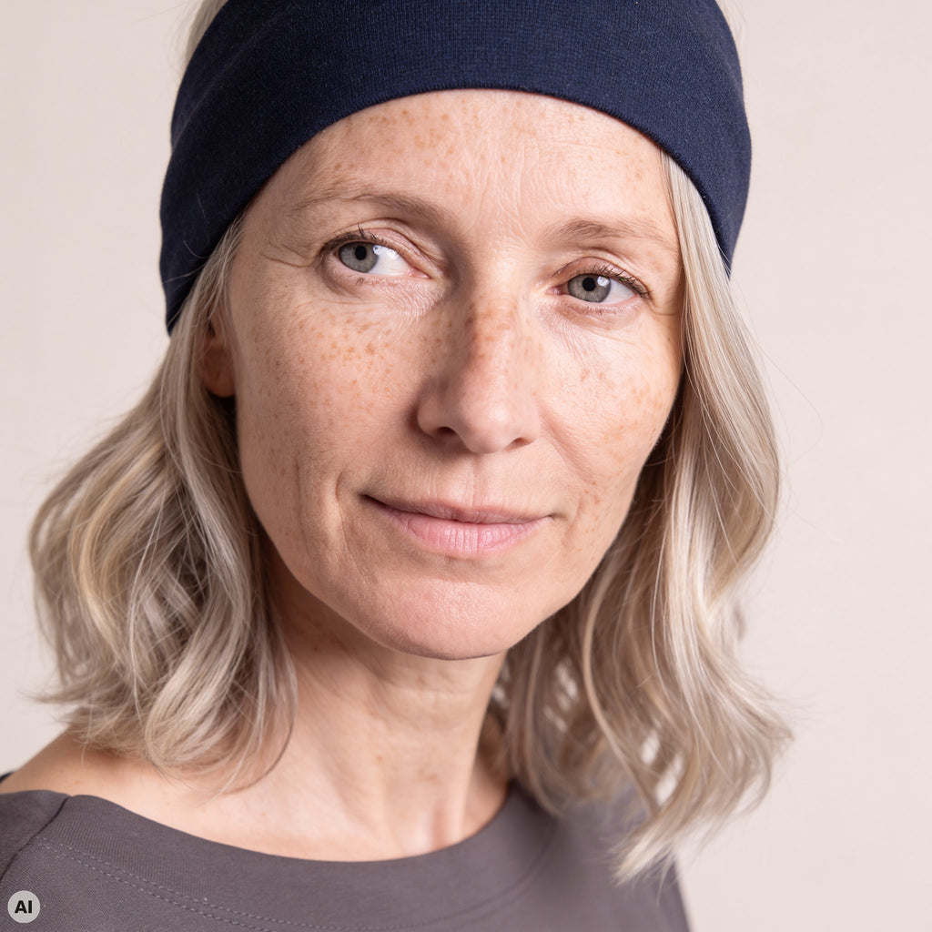 Stirnband blau – Nahaufnahme, mit KI bearbeitet