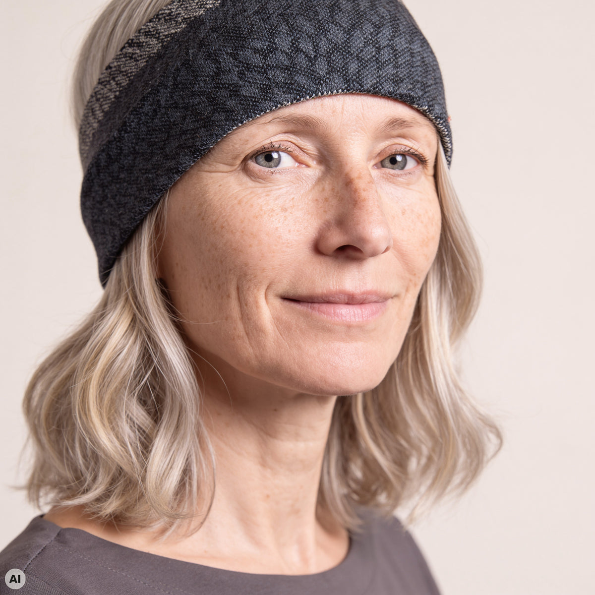 Stirnband grau – Nahaufnahme, mit KI bearbeitet