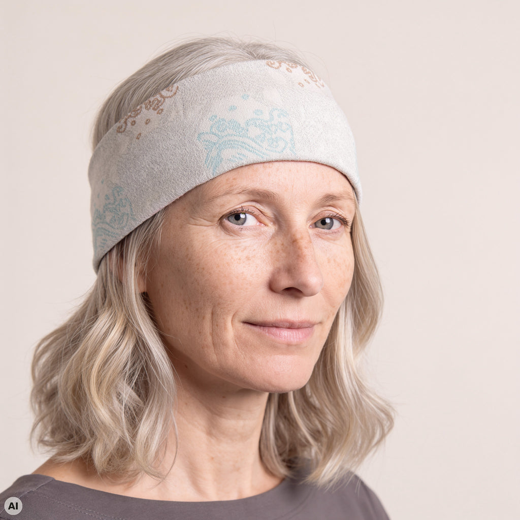 Stirnband grau – Nahaufnahme, mit KI bearbeitet