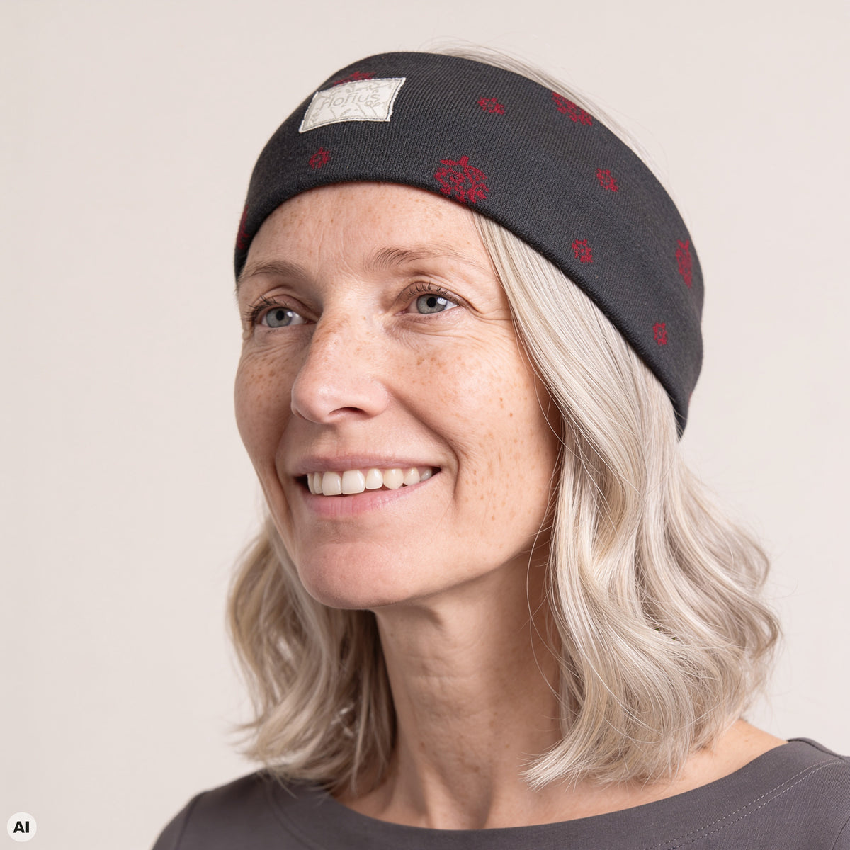 Stirnband grau – Nahaufnahme, mit KI bearbeitet