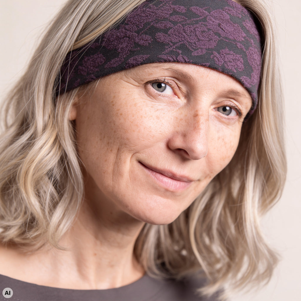 Stirnband lila – Nahaufnahme, mit KI bearbeitet